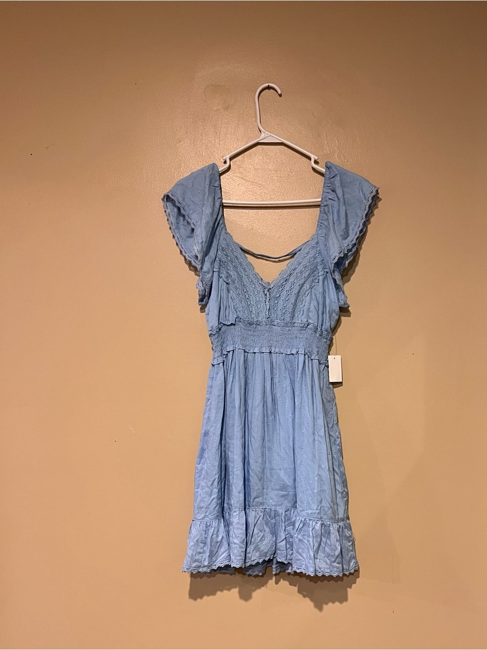 Angie Women's Small Light Blue Smocked Flutter Sleeve Open Back Baby Doll Dress